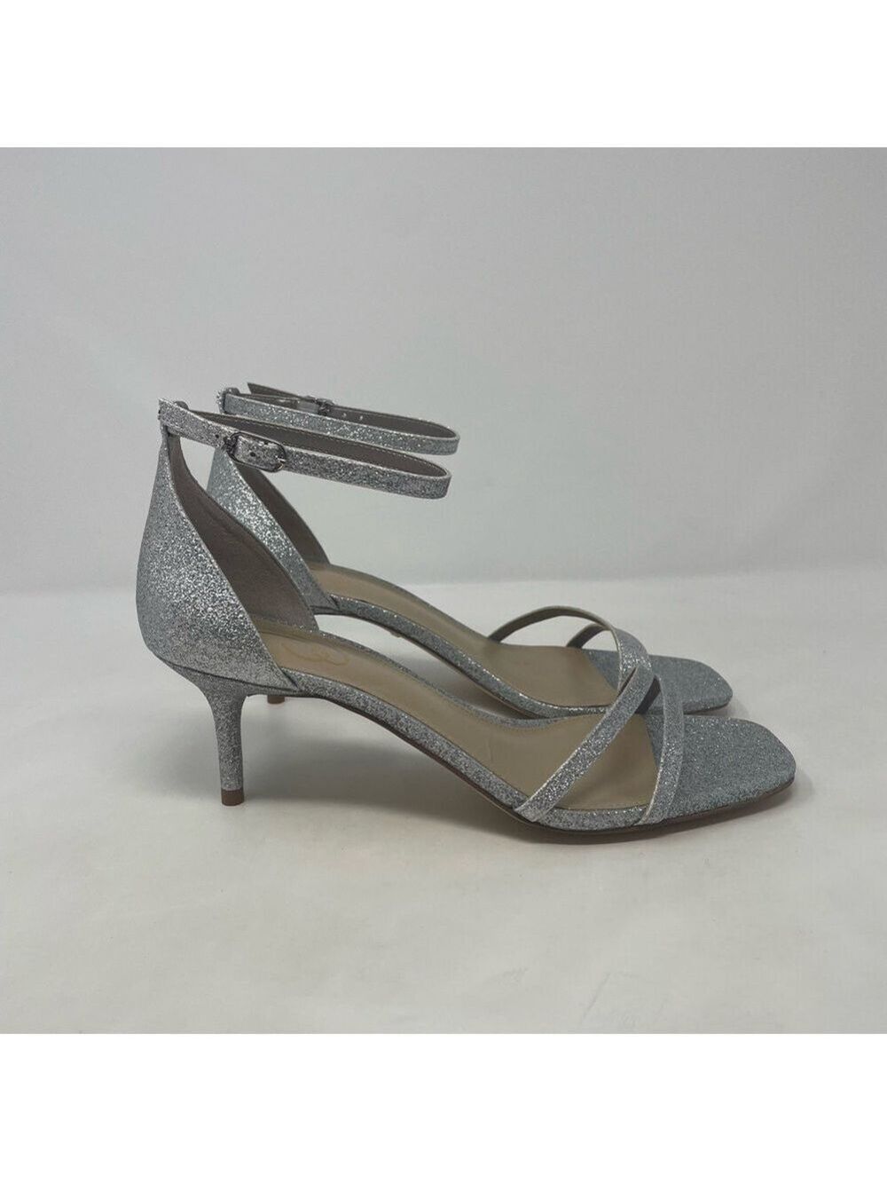 NIB Sam Edelman Peonie Ankle Strap Leather Kitten Heel Sandals in Silver Glitter - Picture 6 of 13